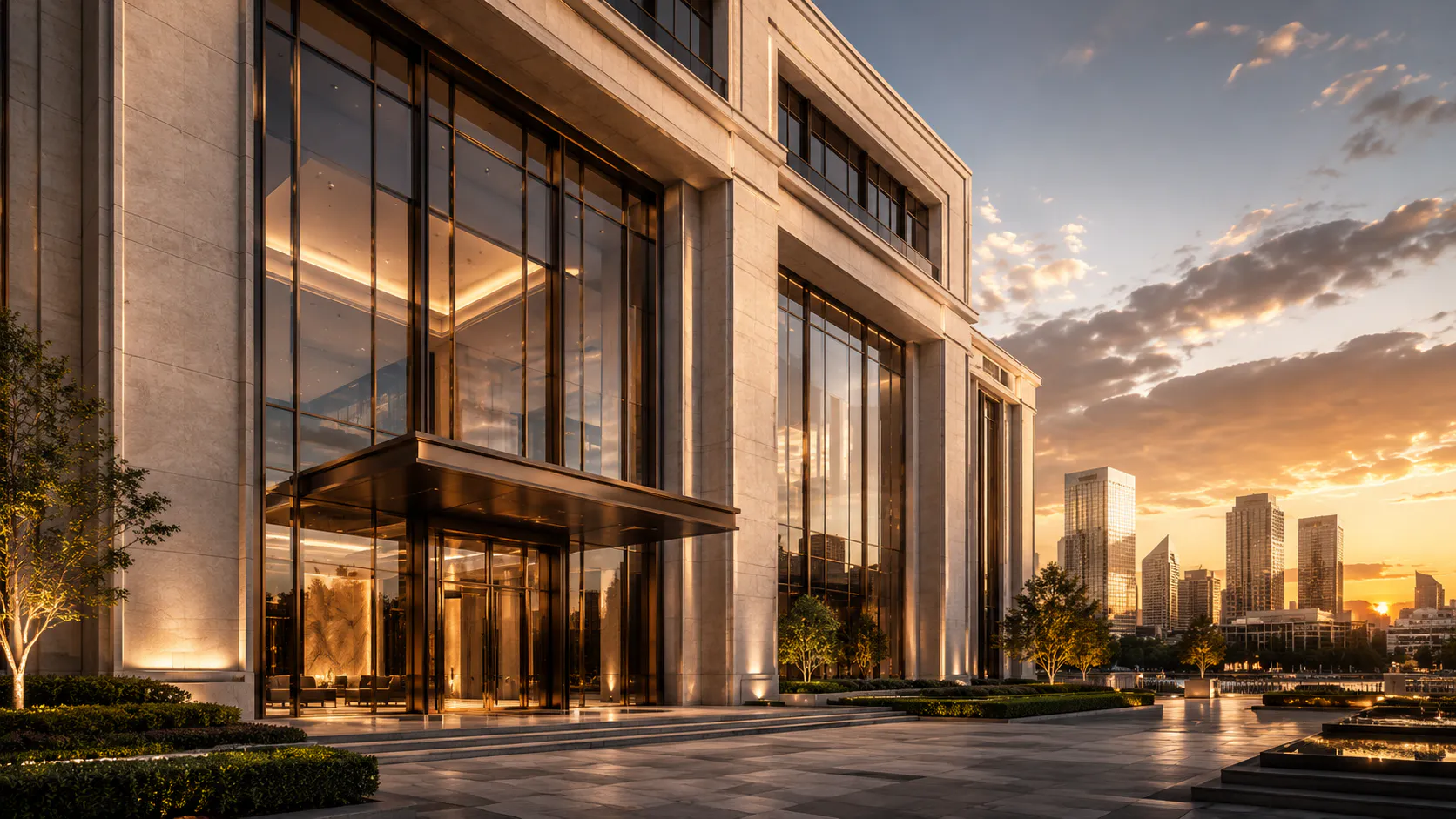 Blackstone building exterior at dusk