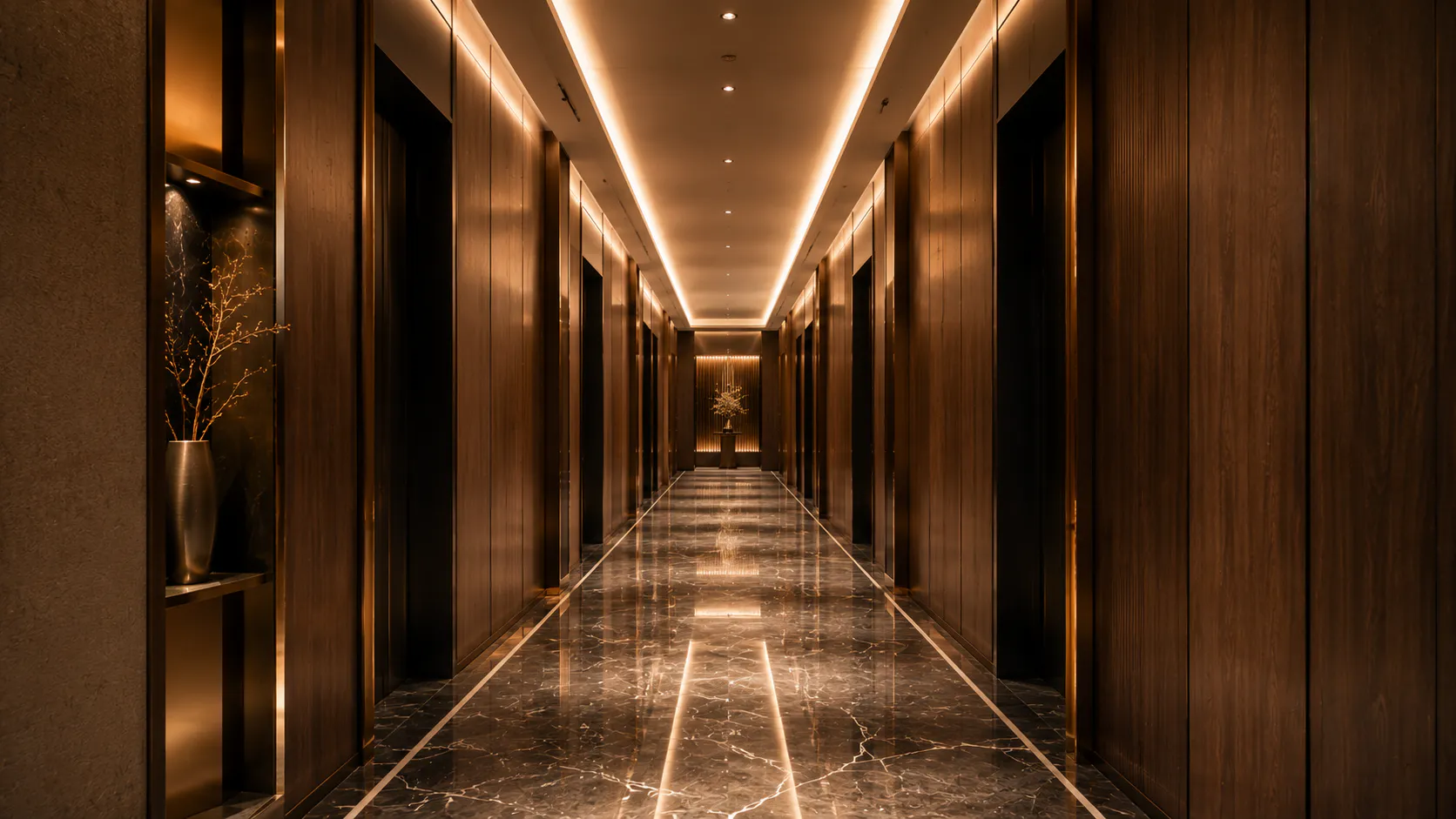 Gallery corridor with bronze lighting