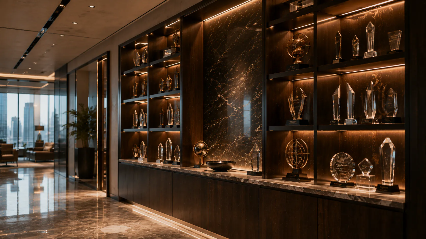 The trophy wall at One Grosvenor Crescent