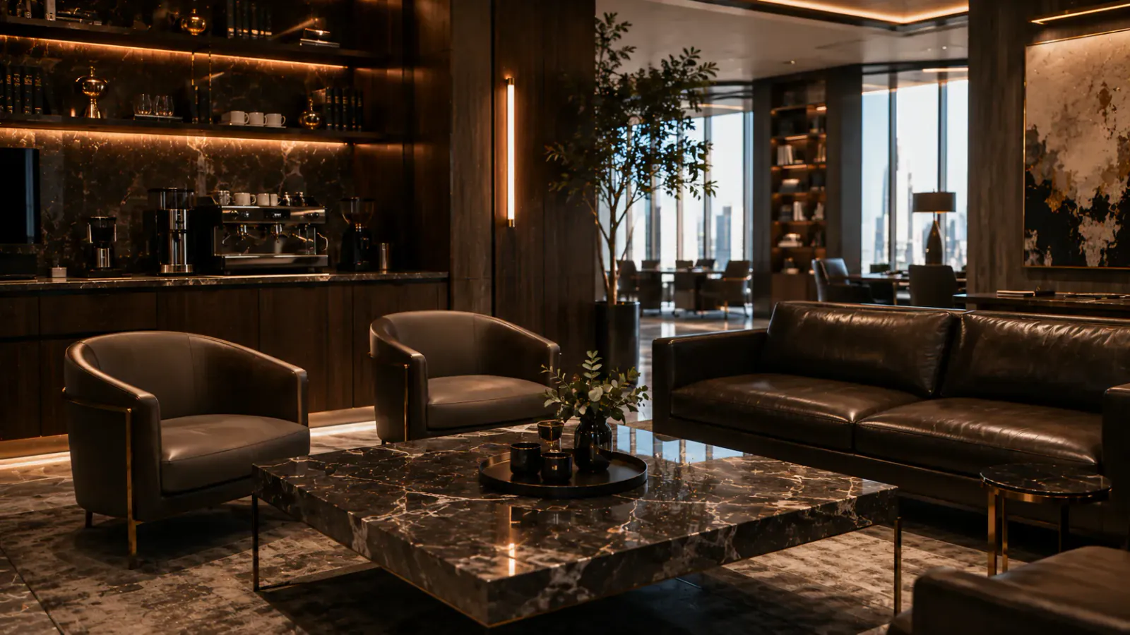Colleagues sharing coffee in the firm lounge