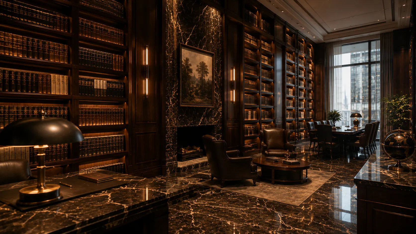 Executive lounge in warm bronze light