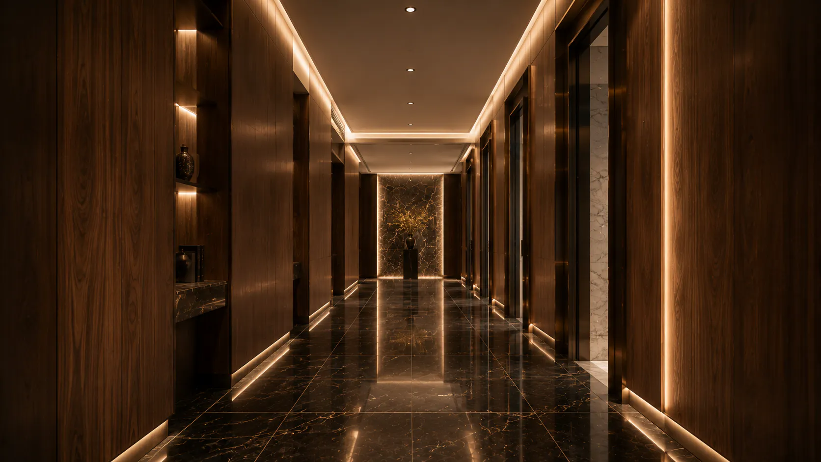 Reception detail in marble and brass