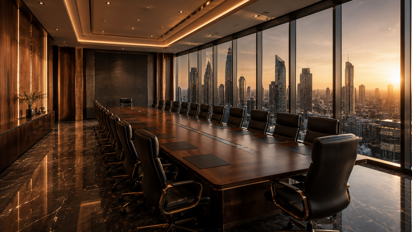 The Blackstone boardroom — leather chairs around a black marble table