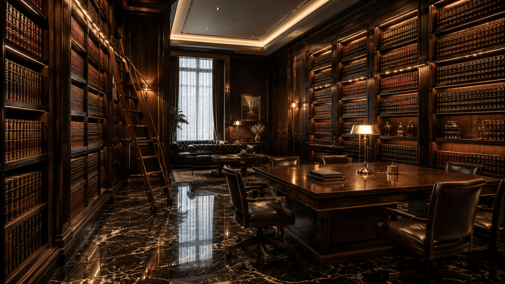 The Blackstone law library — floor-to-ceiling walnut shelving and reading lamps