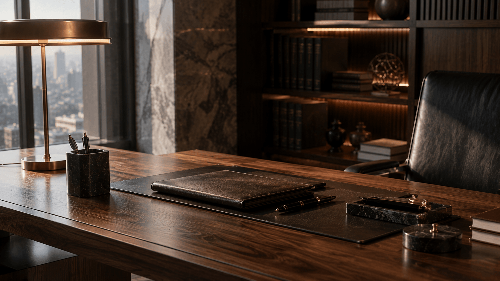 A partner's desk with manuscript notes and morning coffee